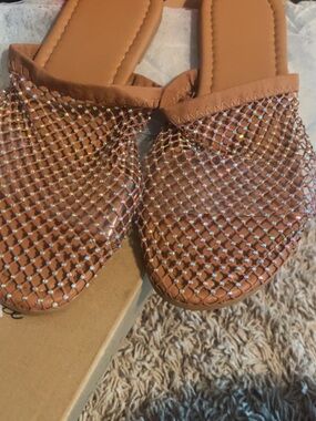Embellished Tan Slide Sandals - Women's Fashion Slip-Ons